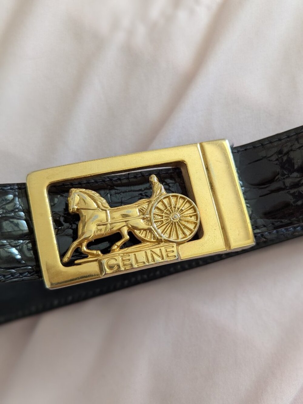 Celine Black Croc Embossed Horse Carriage Belt 44